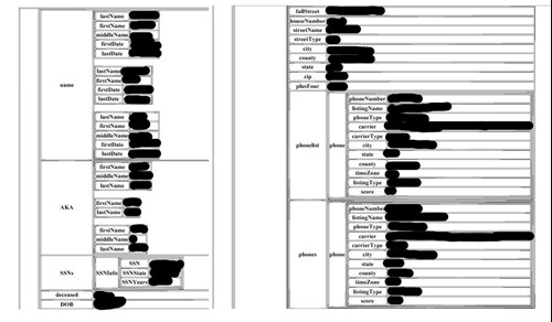 Censored information that was exposed by criminals illegitimately accessing skiptrace databases